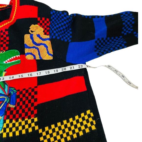 Ugly Christmas Sweater Dinosaur T-Rex Santa Hat Present Plaid Unisex Sweater XL - Picture 5 of 8